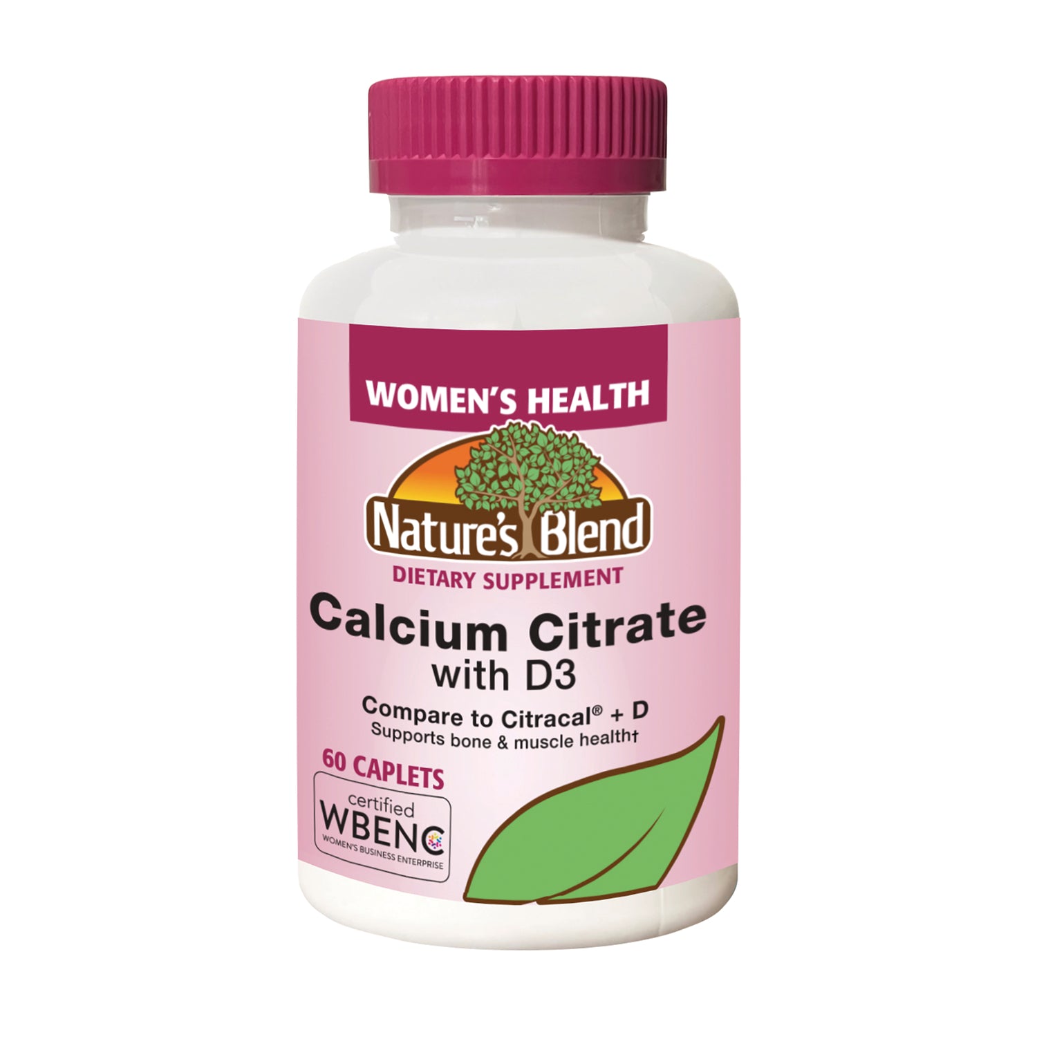 NAB134 | White supplement bottle labeled Nature's Blend Calcium Citrate with D3, pink label, 60 caplets