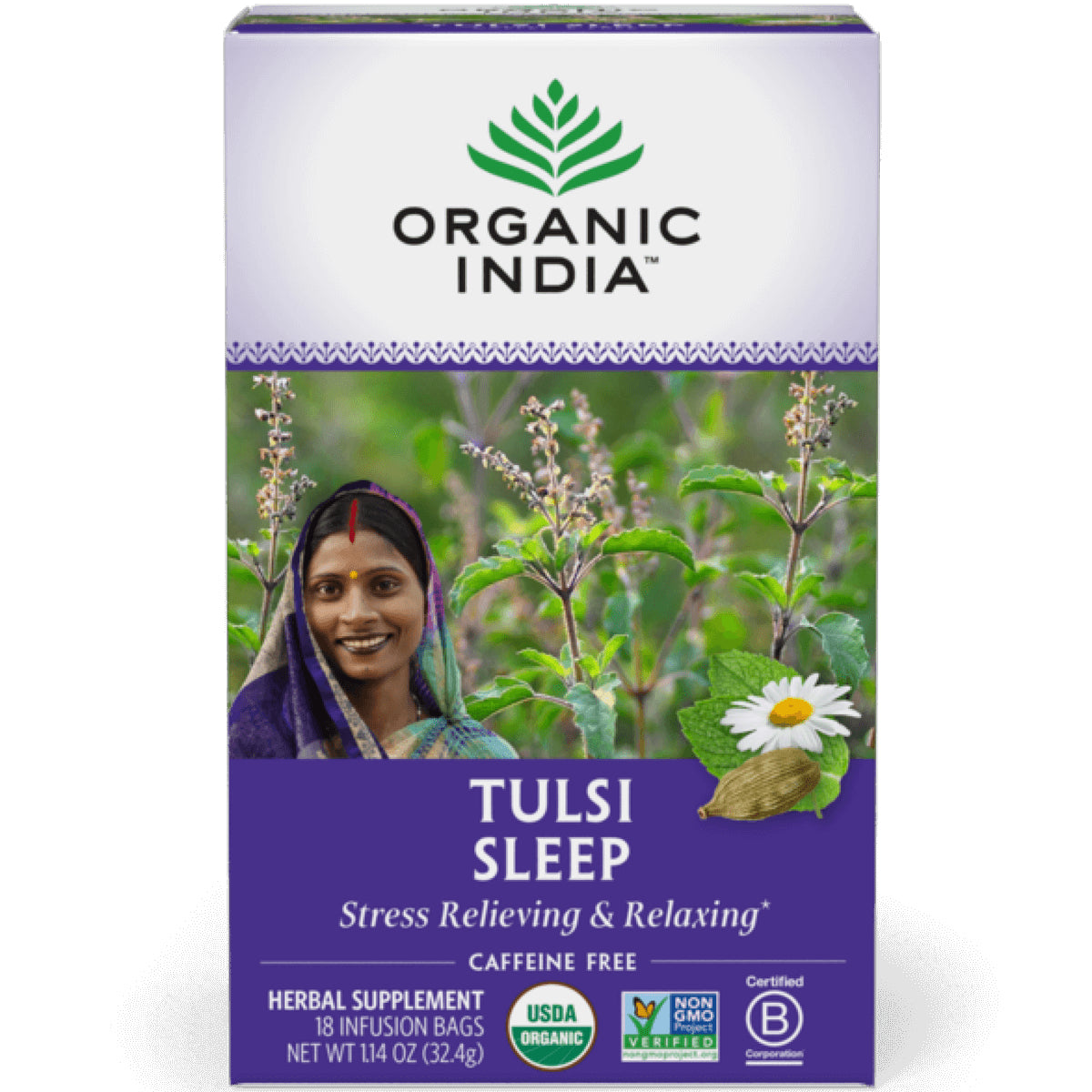 RGN053 | Organic India Tulsi Sleep herbal tea box front showing woman, tulsi plants and chamomile illustration