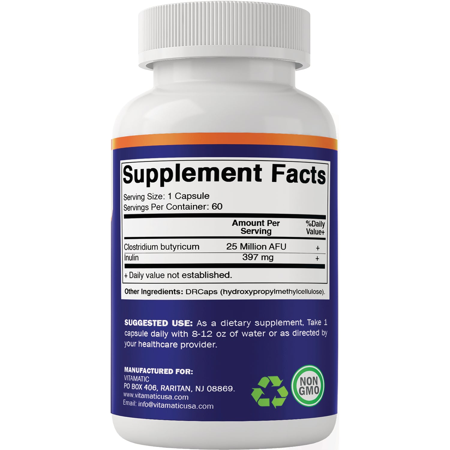 VAM003 | Supplement Facts: 1 capsule serving; 60 servings; C. butyricum 25 Million AFU; Inulin 397 mg; Non GMO