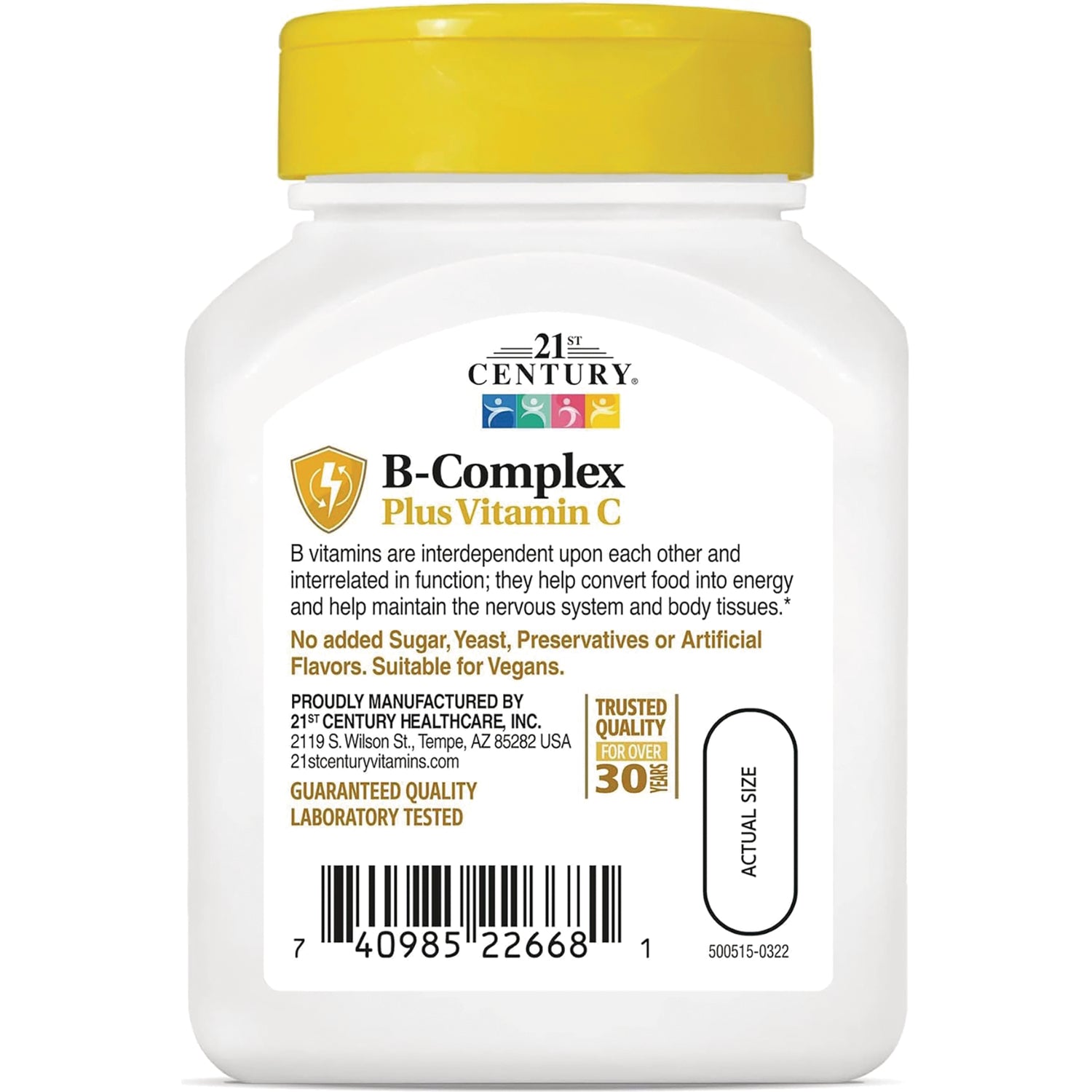 CNT162 | white bottle label for B-Complex Plus Vitamin C showing product info, barcode, and actual size pill outline