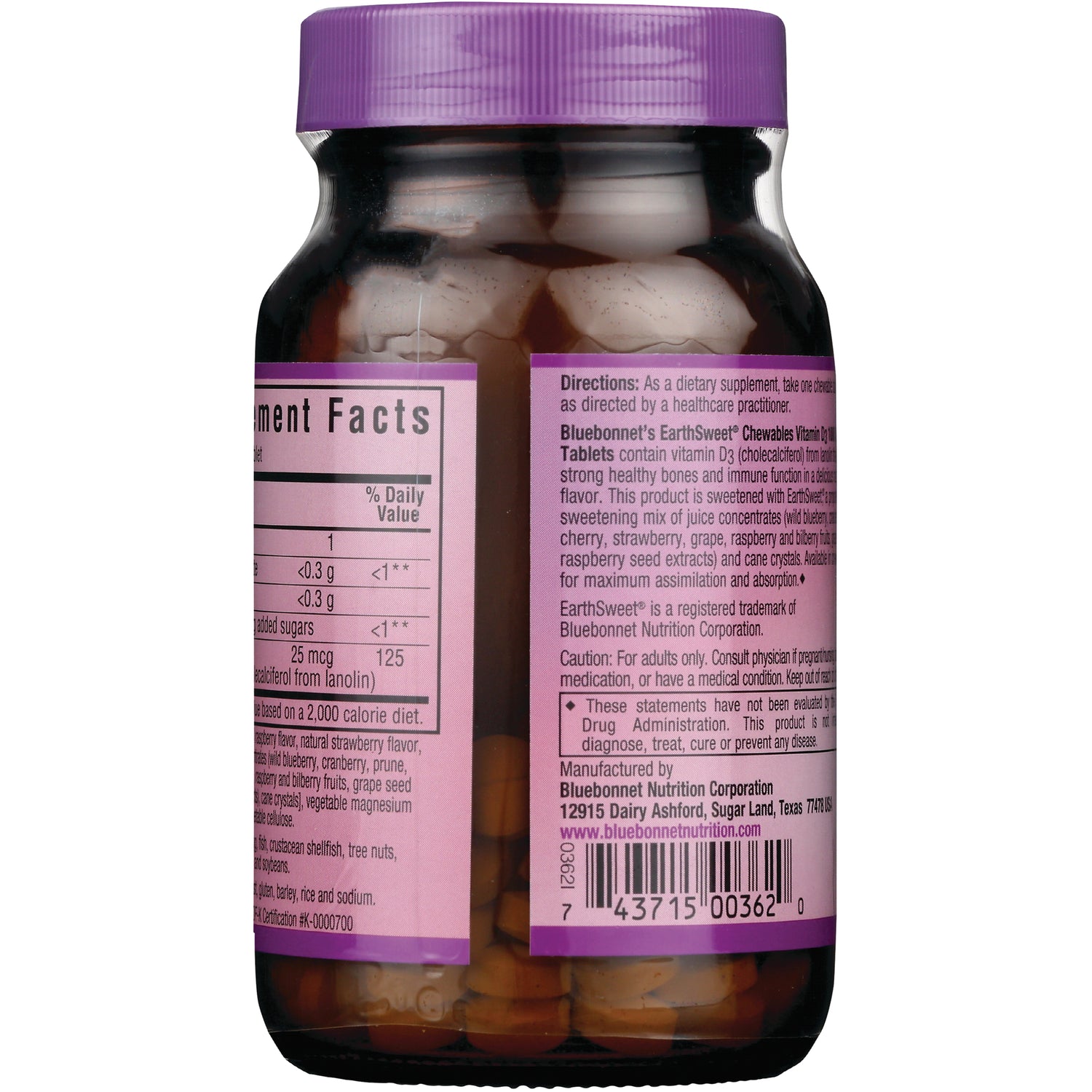 BLU076 | Back label showing supplement facts, directions, barcode and tablets inside translucent bottle