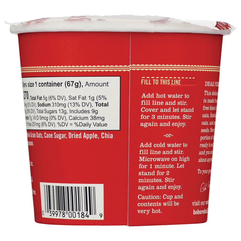 BOB229 | back of red instant oats cup showing fill line, cooking instructions, nutrition facts and barcode - Thumbnail