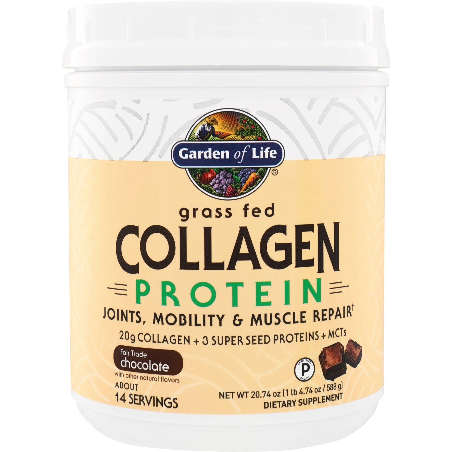 GLF311 | Garden of Life Grass Fed Collagen Protein, Fair Trade Chocolate, 14 servings