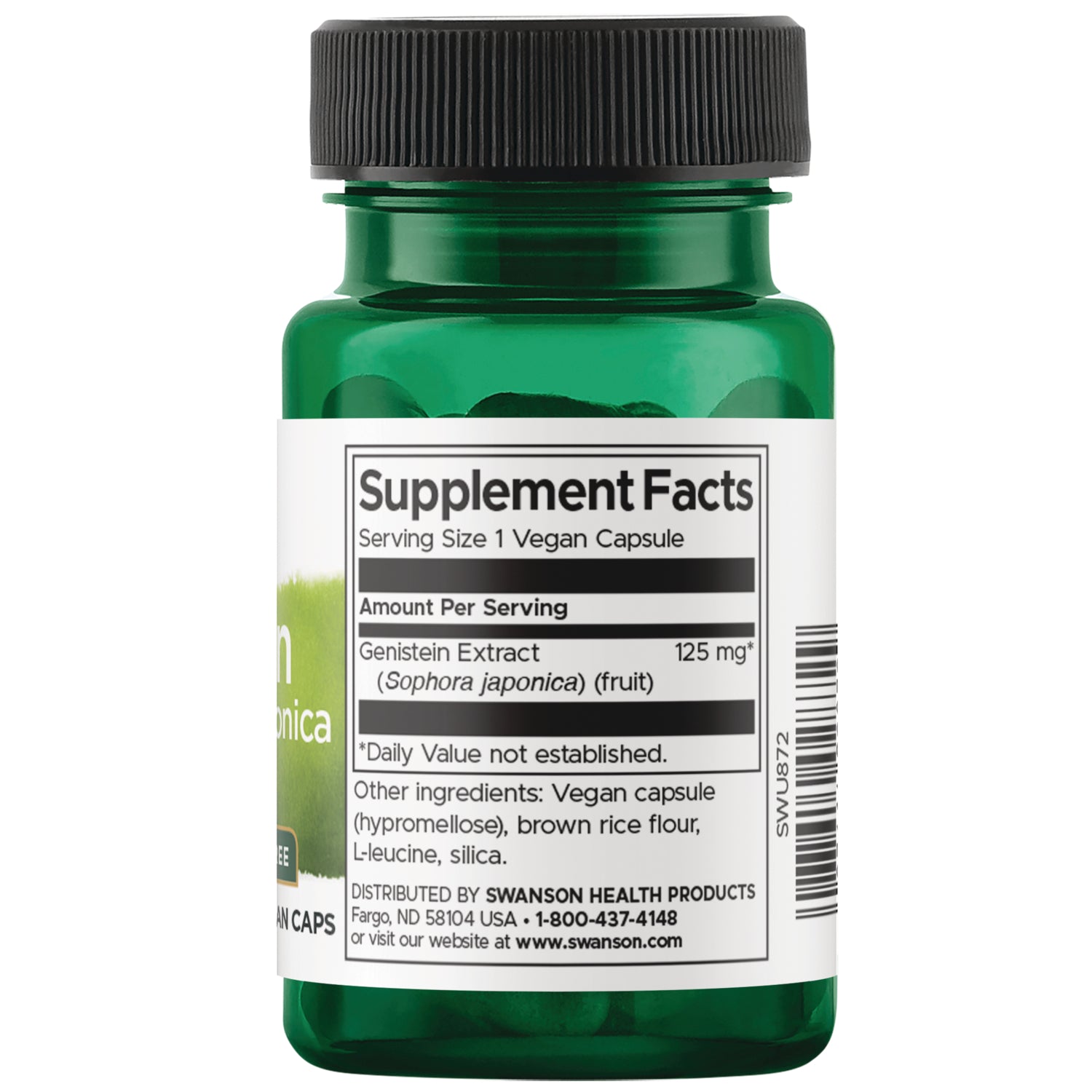 SWU872 | Back of bottle with Supplement Facts: Genistein Extract 125 mg, serving size 1 vegan capsule