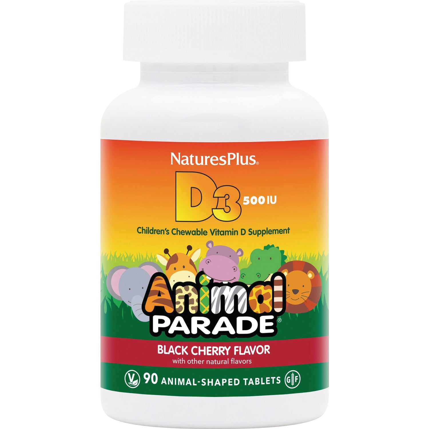 NTP065 | Nature'sPlus Animal Parade D3 500 IU children's chewable vitamin D supplement bottle, black cherry flavor