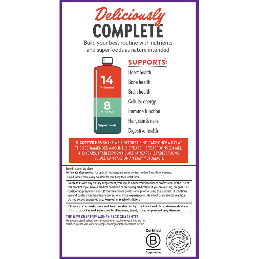 NWC393 | Back label showing 14 Vitamins and 8 Minerals, supports list (heart, bone, brain, immune) and suggested use directions - Thumbnail