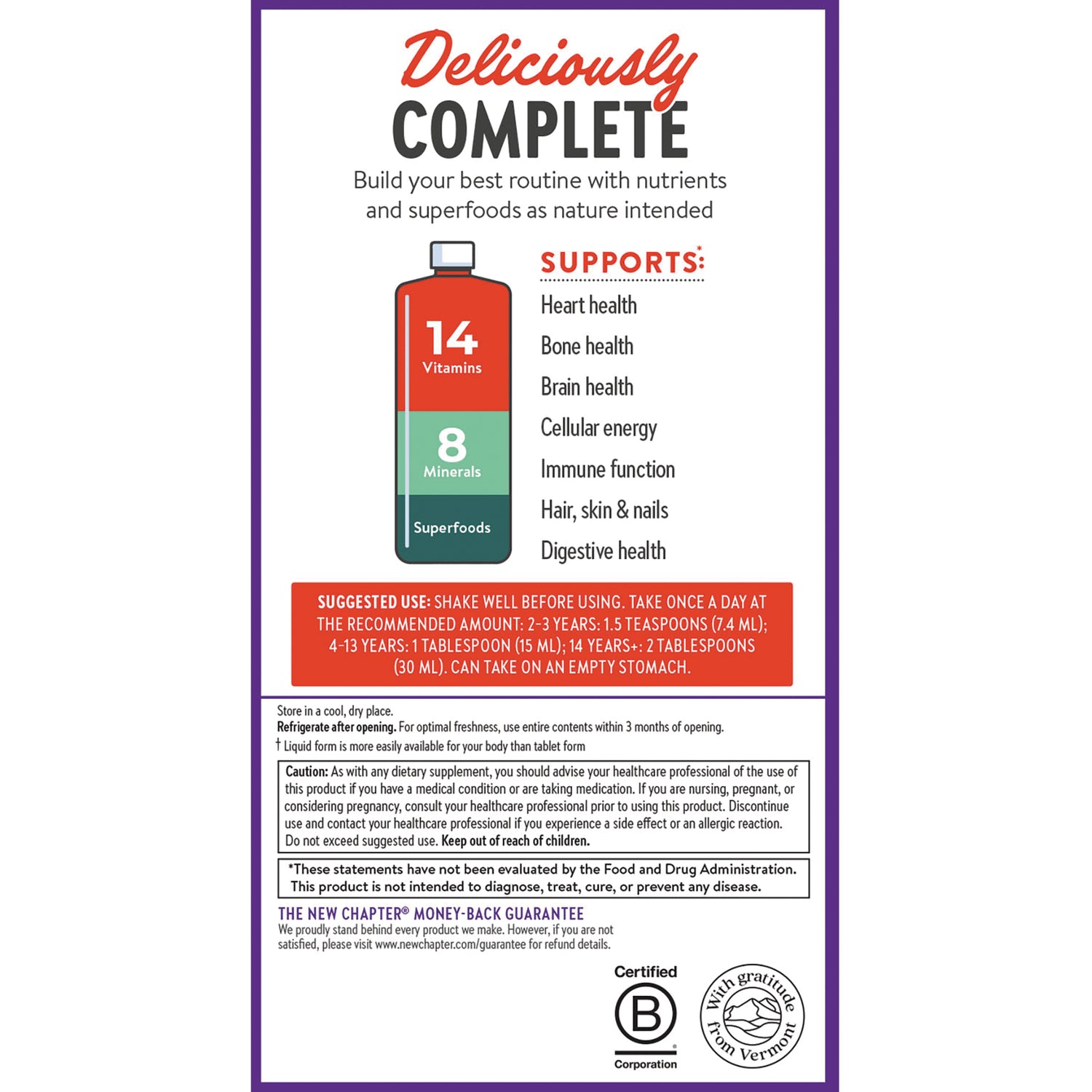 NWC393 | Back label showing 14 Vitamins and 8 Minerals, supports list (heart, bone, brain, immune) and suggested use directions