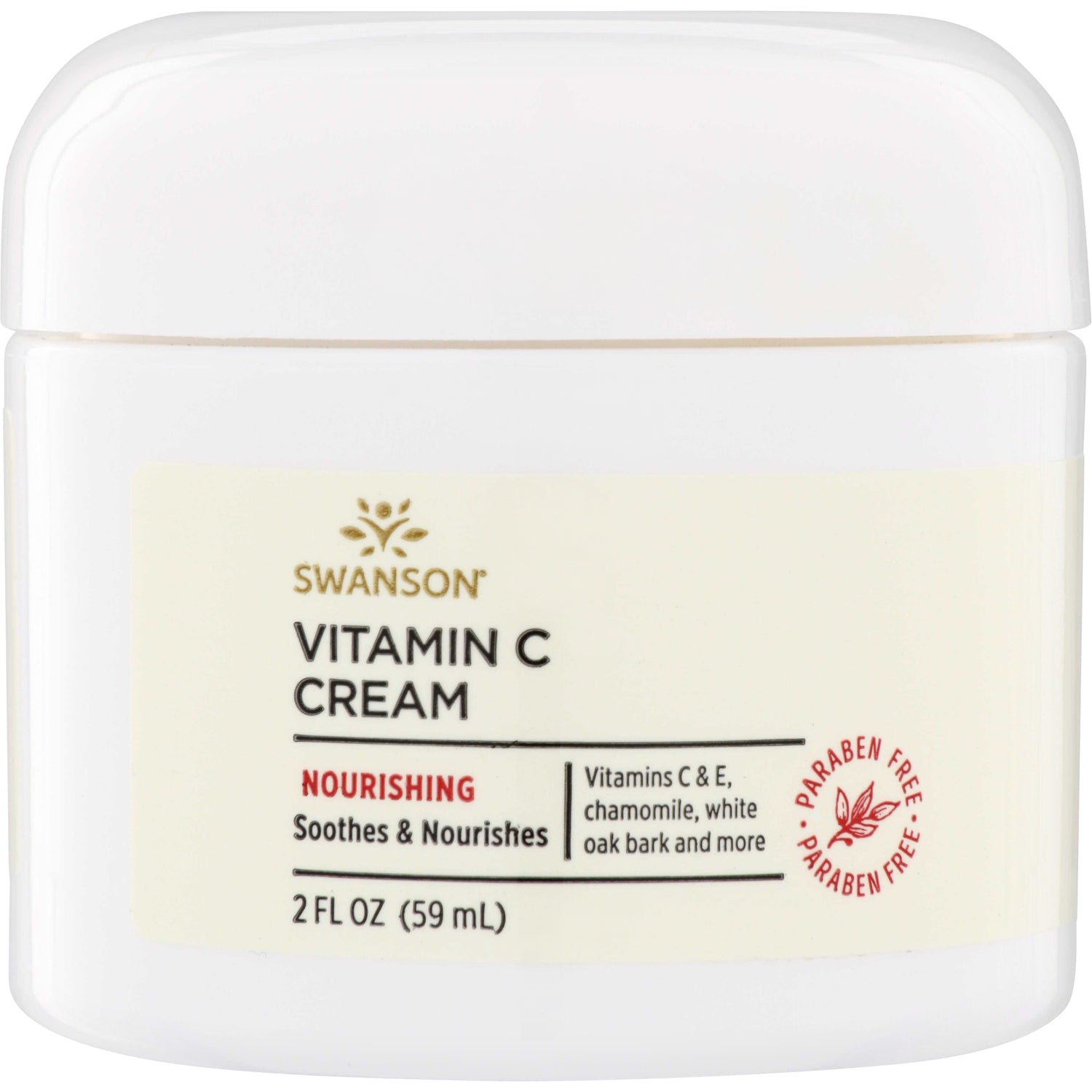 SW1448 | Swanson Vitamin C Cream jar, 2 fl oz, Nourishing, Paraben Free, with Vitamins C & E, chamomile, white oak bark