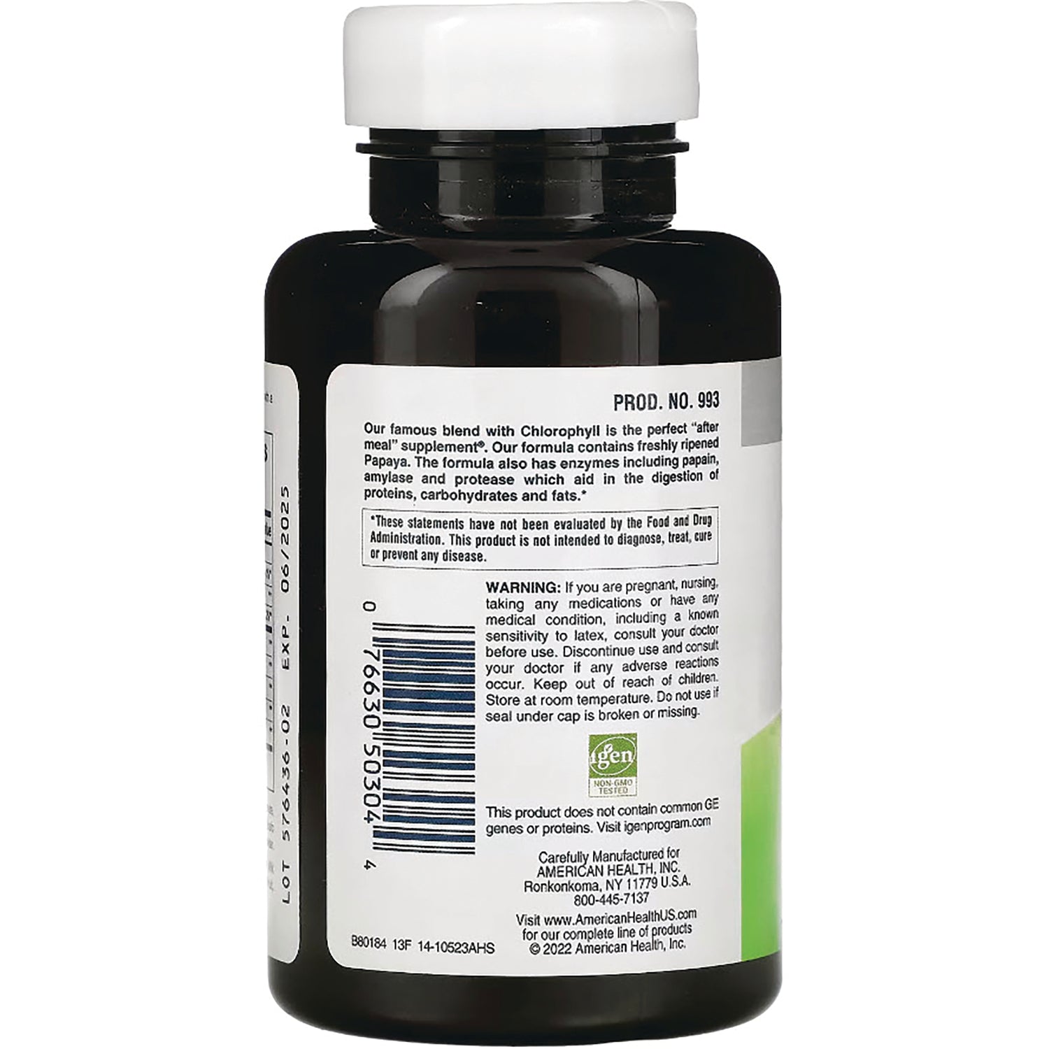AM094 | Supplement bottle back label with barcode, warnings, and PROD. NO. 993