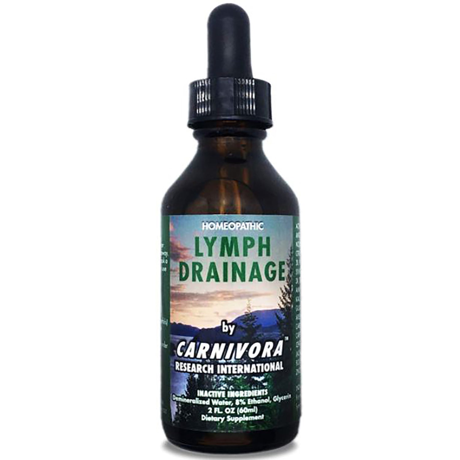 CNV005 | Amber dropper bottle labeled LYMPH DRAINAGE by CARNIVORA Research International, 2 fl oz dietary supplement