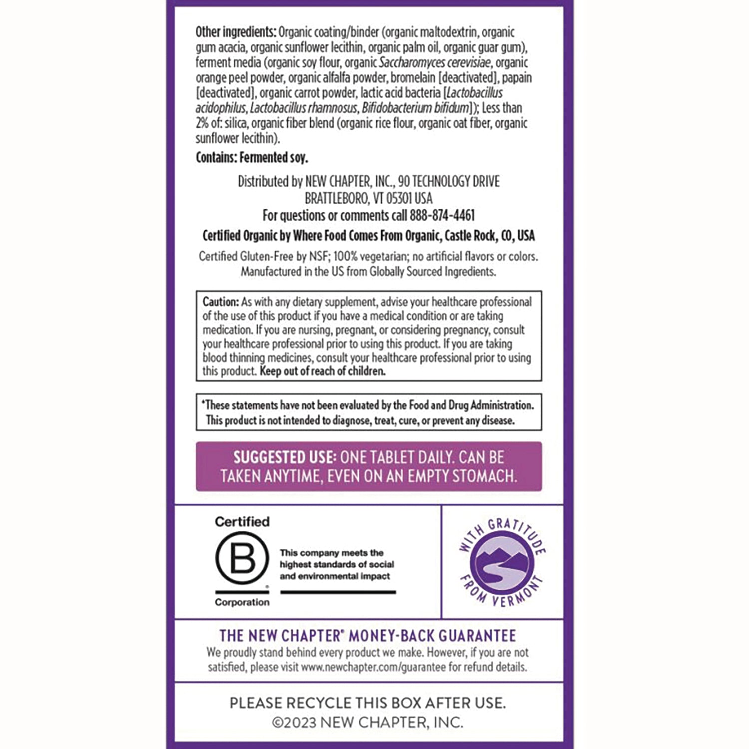 NWC242 | back label showing ingredients, cautions, suggested use, certifications, and money-back guarantee