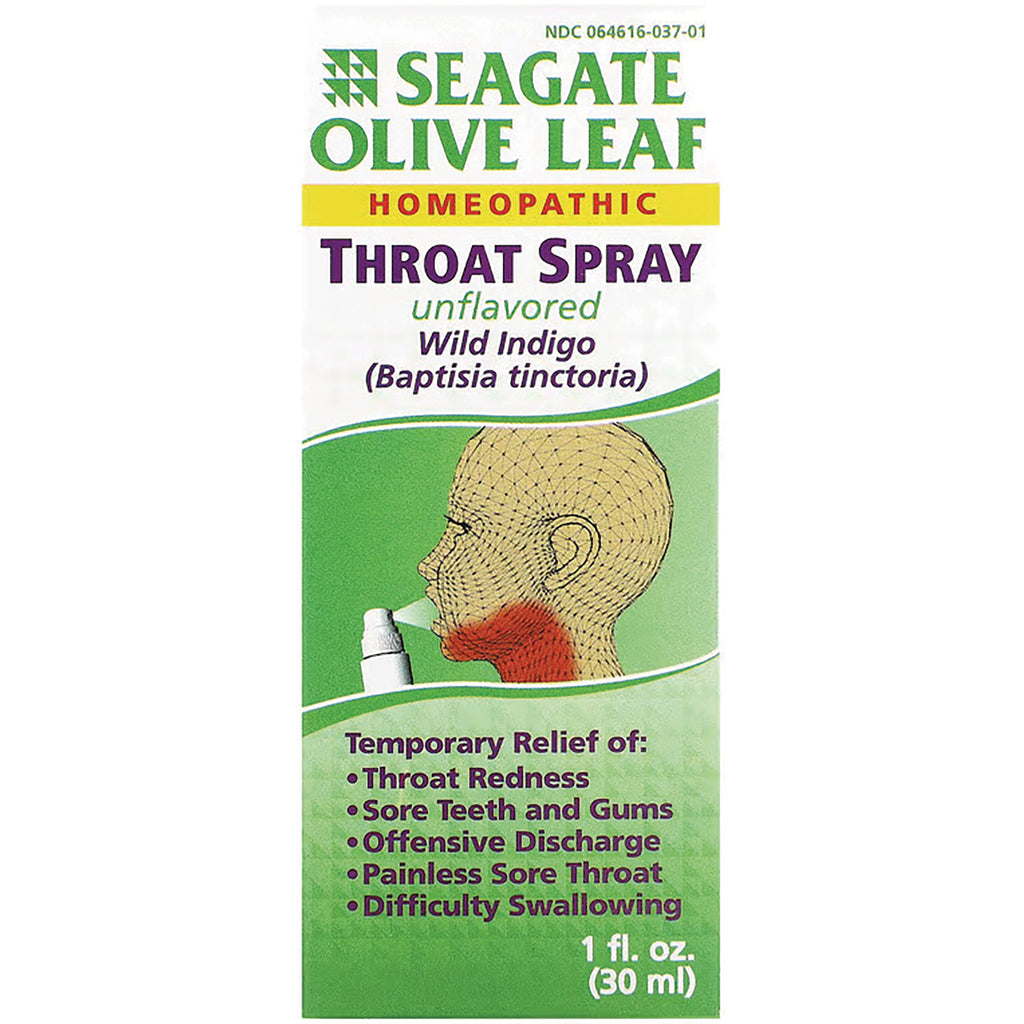 SEG006 | Seagate Olive Leaf homeopathic throat spray unflavored Wild Indigo front packaging with usage illustration and symptom relief list - Thumbnail