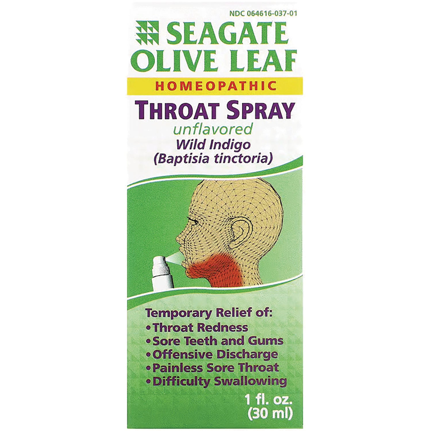 SEG006 | Seagate Olive Leaf homeopathic throat spray unflavored Wild Indigo front packaging with usage illustration and symptom relief list