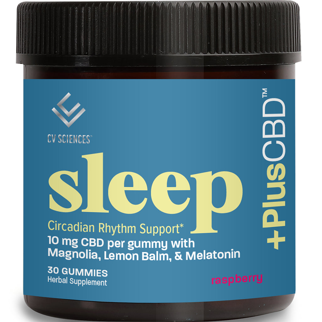 Jar labeled Sleep CBD gummies, 10 mg CBD per gummy, 30 gummies, raspberry flavor - Thumbnail