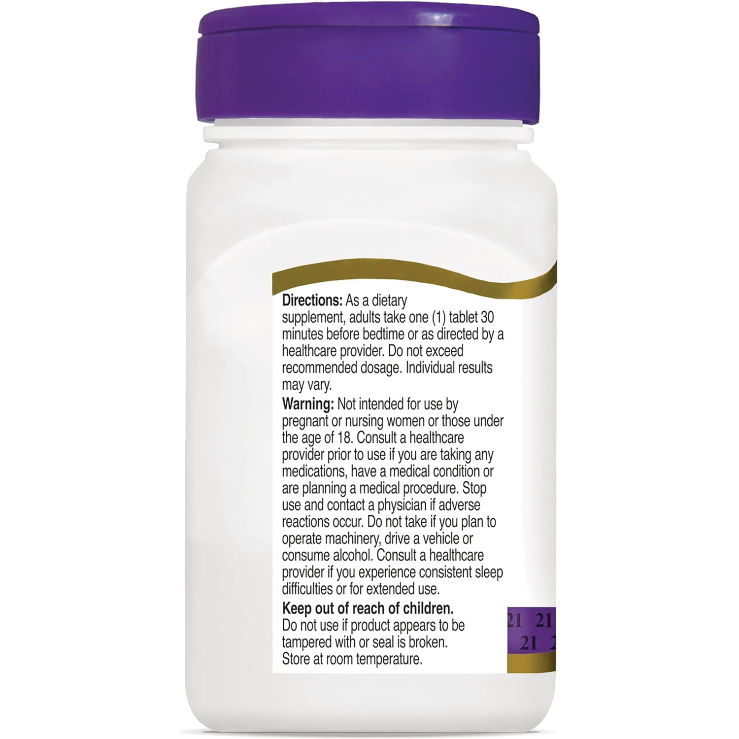 CNT102 | Directions and warning label on back of white supplement bottle with purple cap