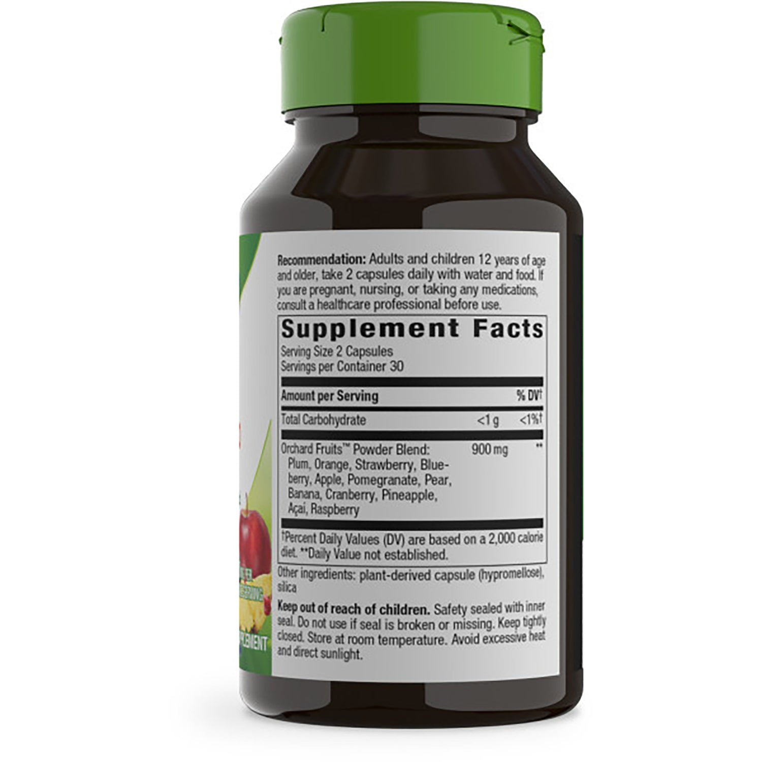 NW560 | Supplement facts label on bottle back showing serving size 2 capsules, 900 mg orchard fruit powder blend and warnings