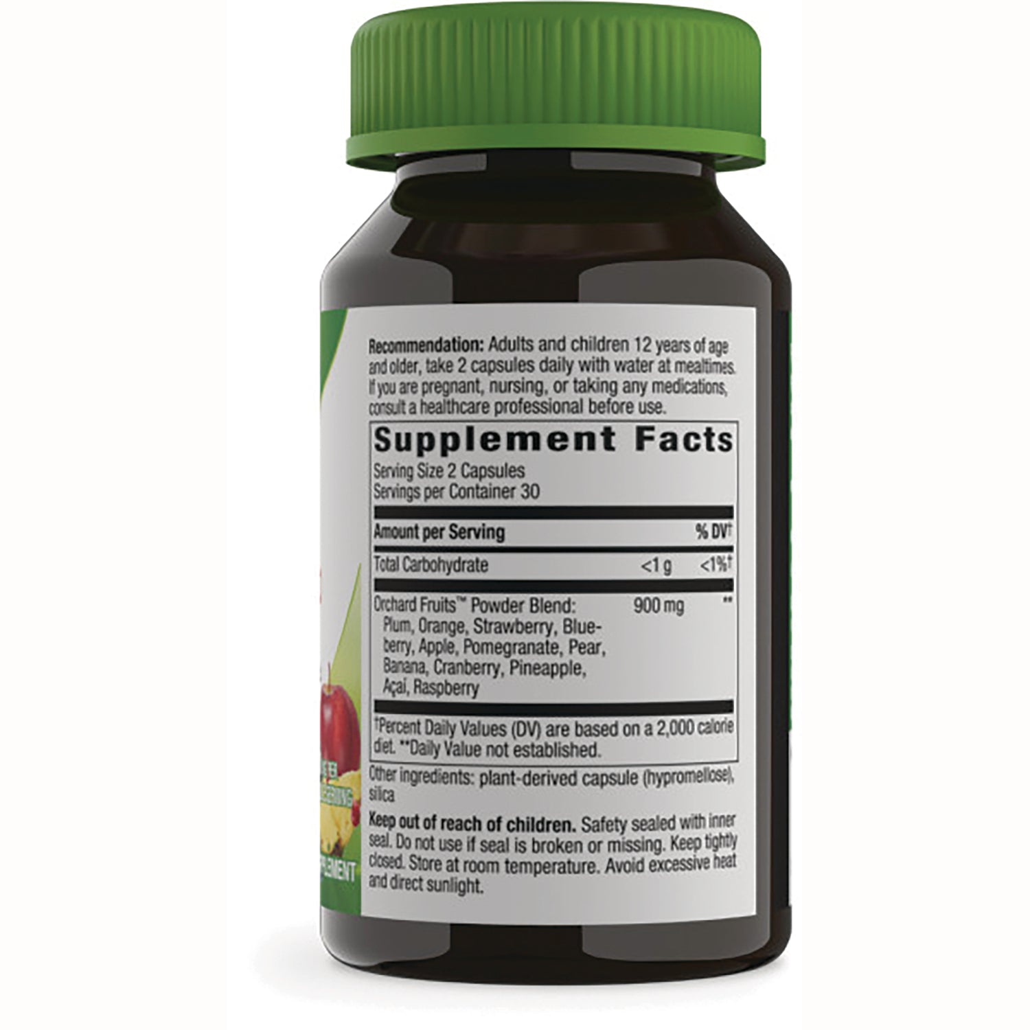 NW560 | Supplement facts label on bottle back showing serving size 2 capsules, 900 mg orchard fruit powder blend and warnings