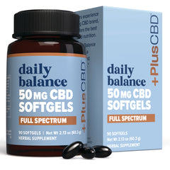 Daily Balance 50 mg CBD softgels full spectrum bottle and box with three black softgels in front