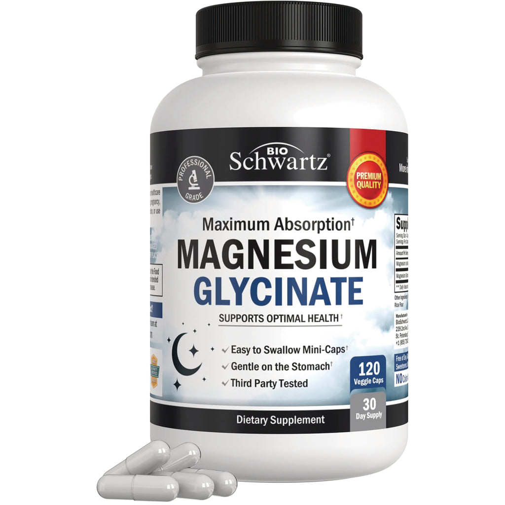 BSZ025 | White bottle labeled MAGNESIUM GLYCINATE dietary supplement, 120 veggie caps, three gray capsules in front - Thumbnail