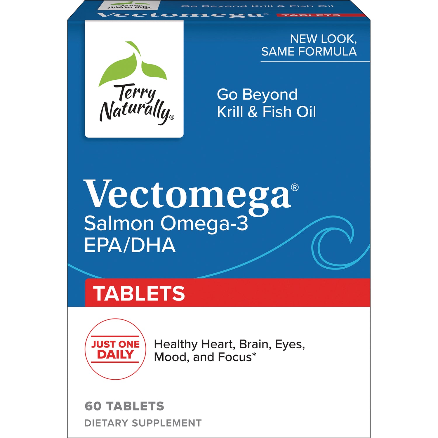 EUR003 | Vectomega Salmon Omega-3 EPA/DHA tablets front packaging, 60 tablets, Terry Naturally logo