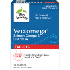 EUR003 | Vectomega Salmon Omega-3 EPA/DHA tablets front packaging, 60 tablets, Terry Naturally logo