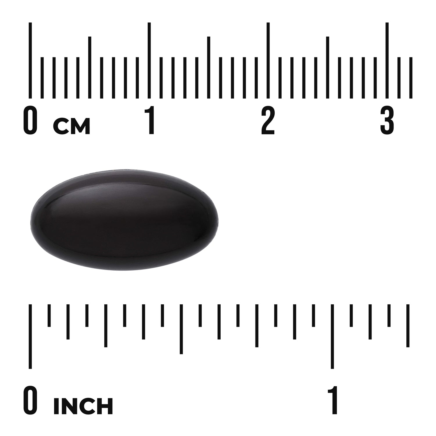 SWU846 | Dark oval softgel with centimeter and inch rulers for size reference