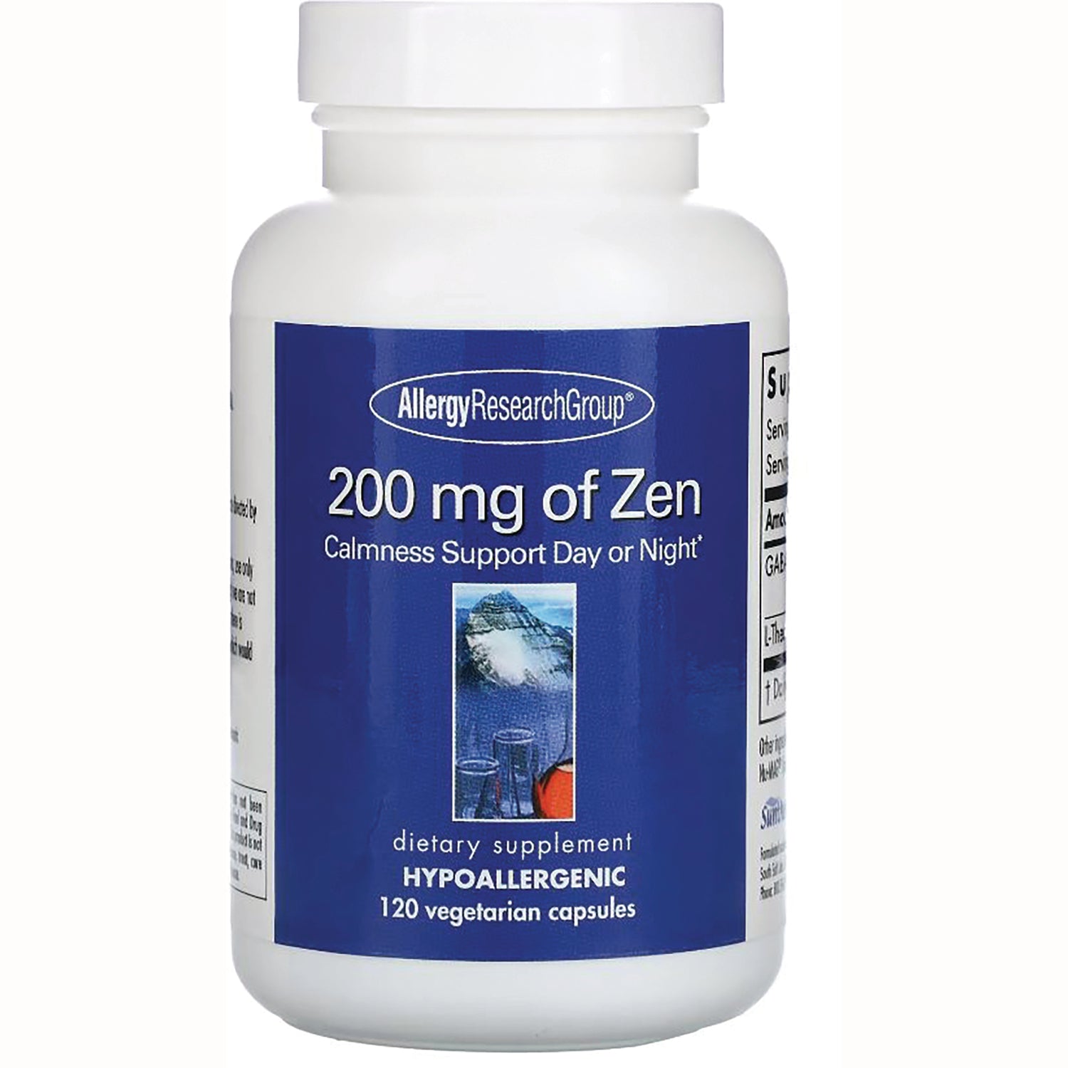ARG005 | White supplement bottle with blue label reading 200 mg of Zen Calmness Support Day or Night, hypoallergenic, 120 vegetarian capsules