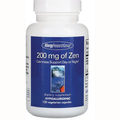 ARG005 | White supplement bottle with blue label reading 200 mg of Zen Calmness Support Day or Night, hypoallergenic, 120 vegetarian capsules