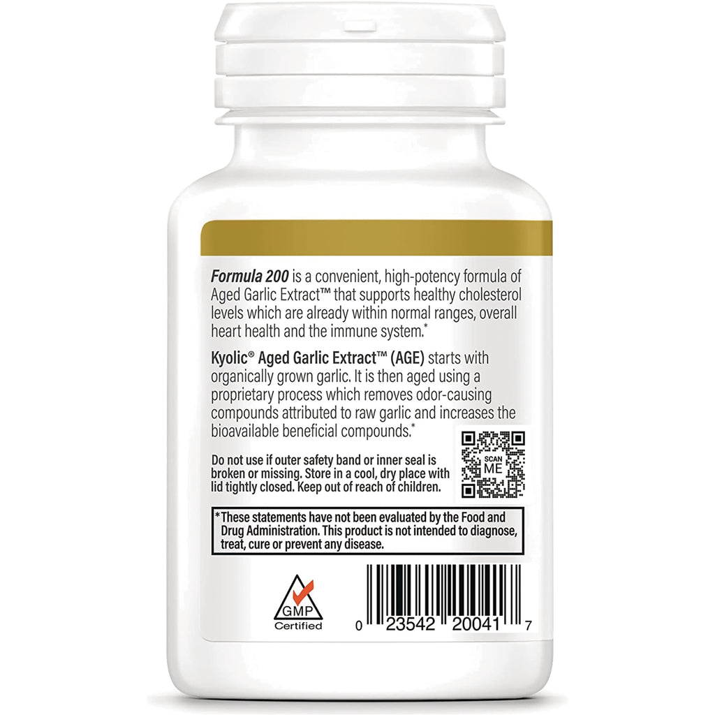 KY114 | Back label of white supplement bottle showing Formula 200 Kyolic Aged Garlic Extract description, QR code, barcode and safety disclaimer - Thumbnail