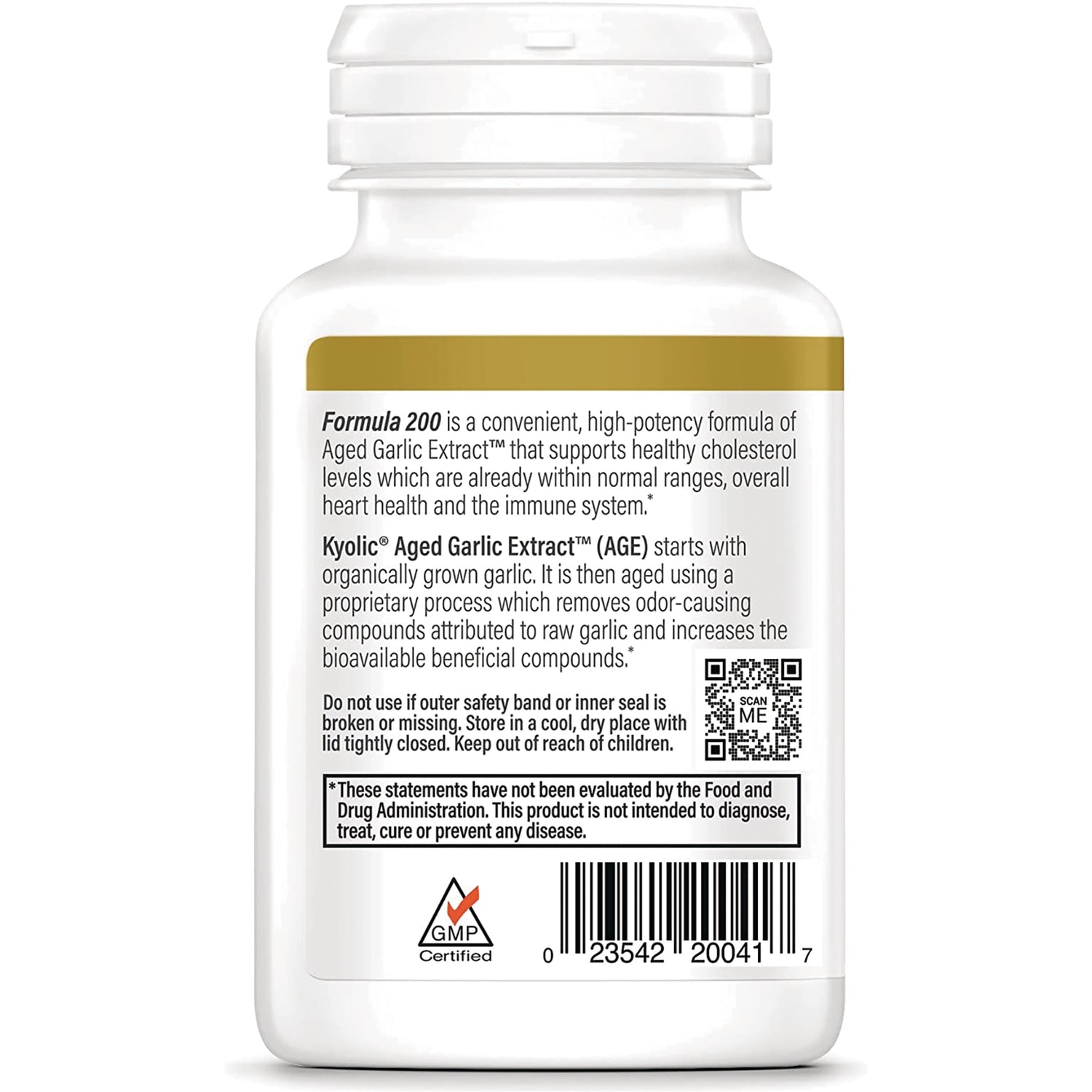 KY114 | Back label of white supplement bottle showing Formula 200 Kyolic Aged Garlic Extract description, QR code, barcode and safety disclaimer