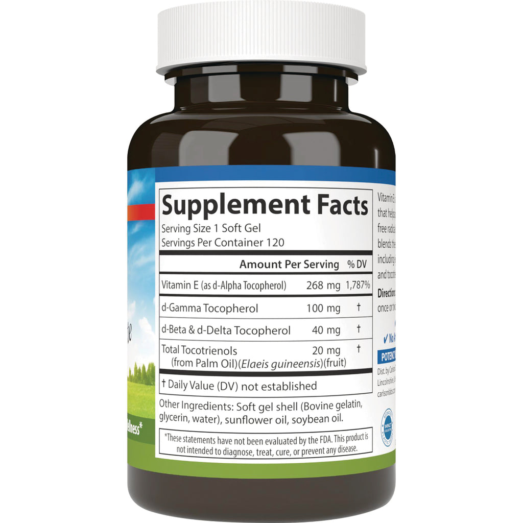 CSN002 | supplement facts label showing serving size 1 soft gel, Vitamin E amounts and other ingredients - Thumbnail