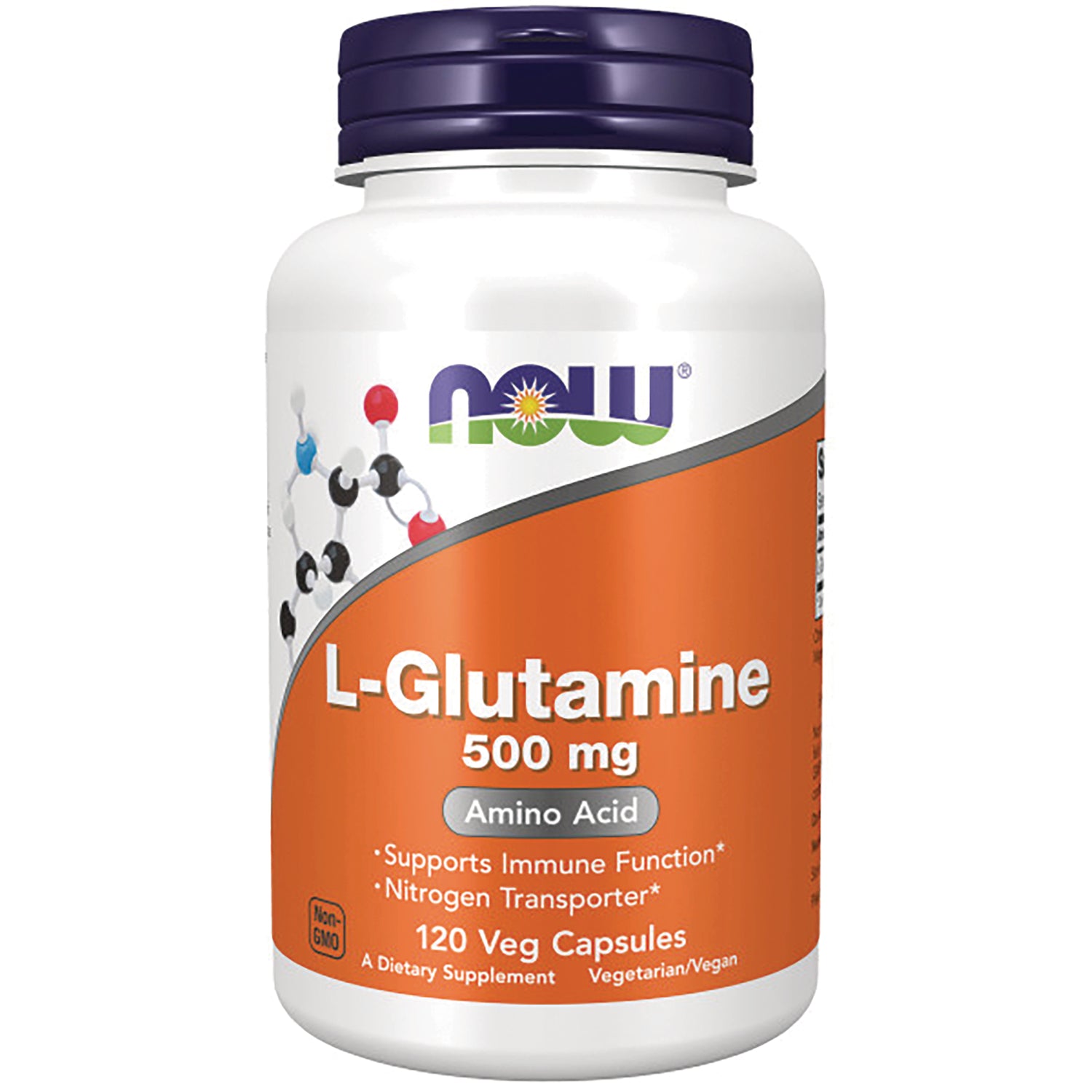 NWF225 | NOW L-Glutamine 500 mg bottle with orange label, 120 veg capsules and Amino Acid text