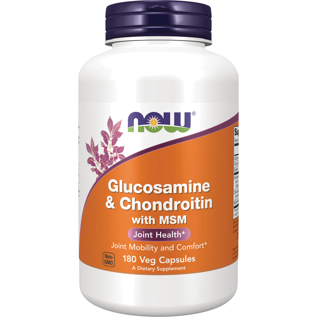 NWF130 | NOW Glucosamine & Chondroitin with MSM supplement bottle, 180 Veg Capsules, orange label - Thumbnail