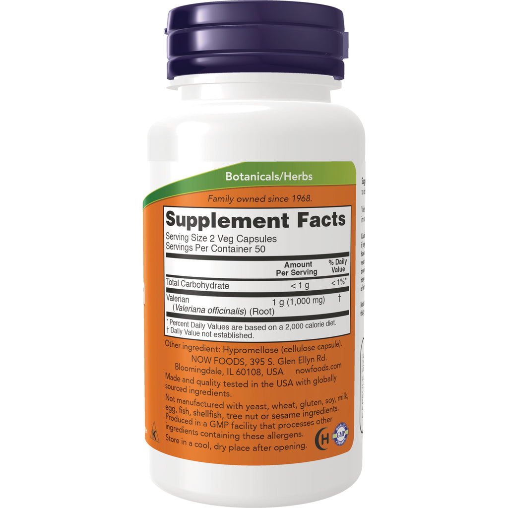NWF1123 | Back of white supplement bottle showing Supplement Facts panel for Valerian 1 g, serving size 2 veg capsules and manufacturer info - Thumbnail