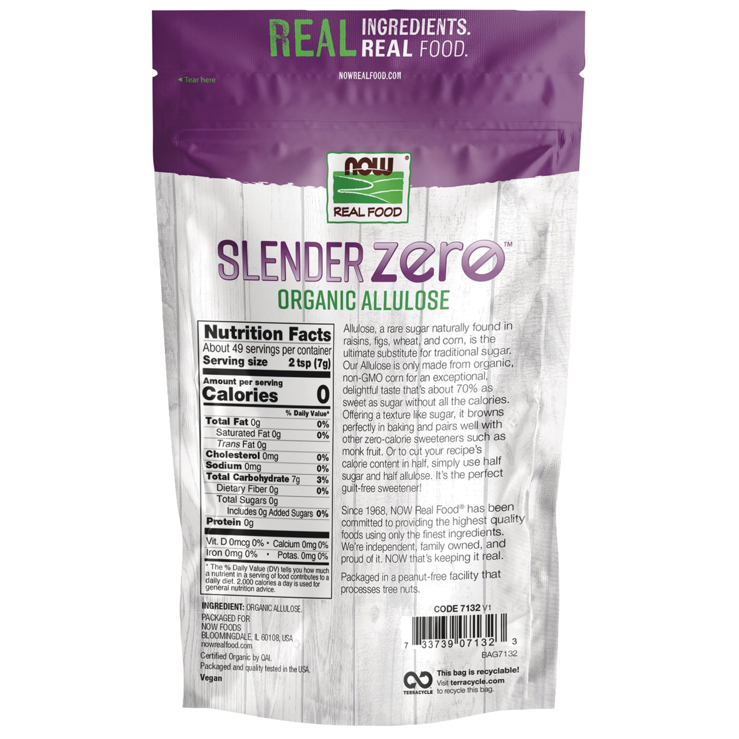 NWF1416 | Back of pouch showing Nutrition Facts panel and product description for SLENDERzero organic allulose