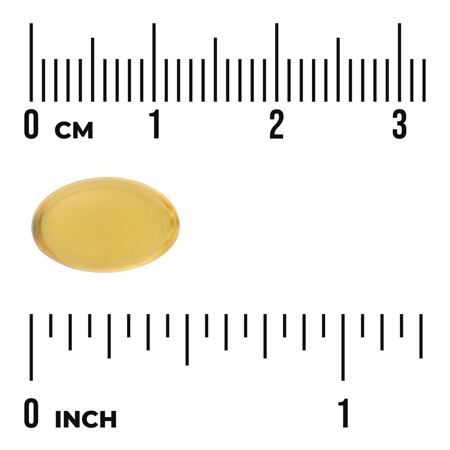 SW149 | Softgel capsule shown next to centimeter and inch rulers for size reference