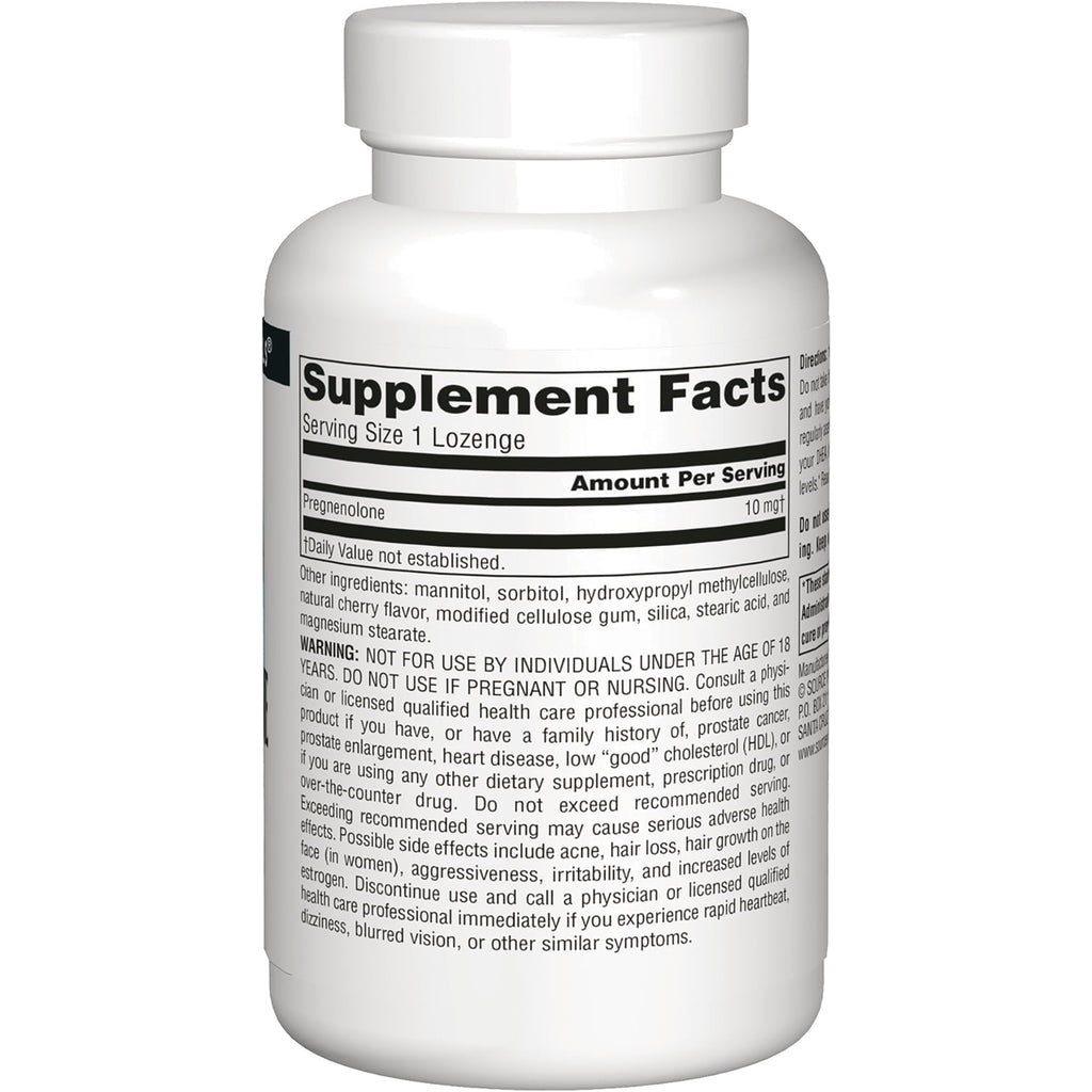 SN314 | Back of pregnenolone supplement bottle showing Supplement Facts panel and warning text - Thumbnail