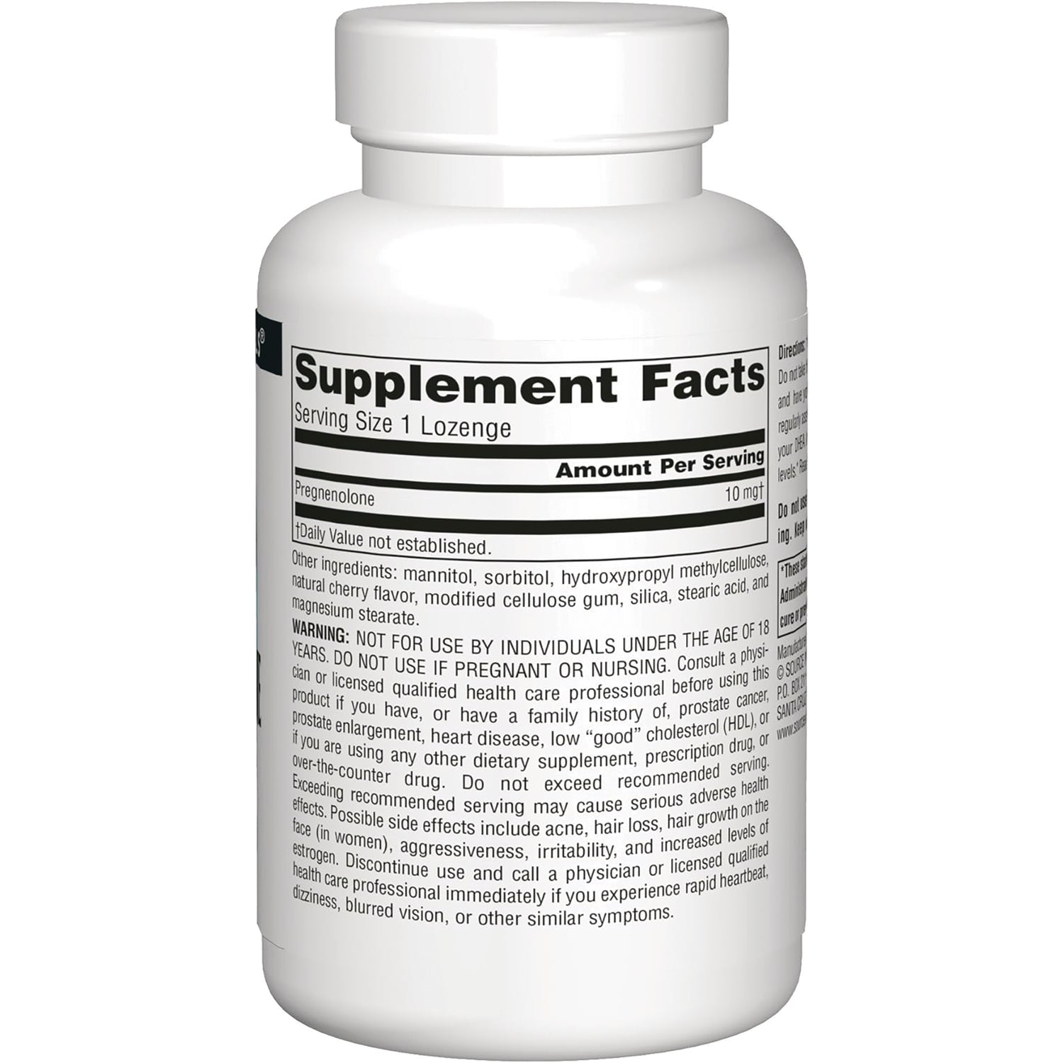 SN314 | Back of pregnenolone supplement bottle showing Supplement Facts panel and warning text