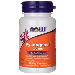 NWF984 | NOW Pycnogenol 100 mg white bottle with orange label, 60 veg capsules