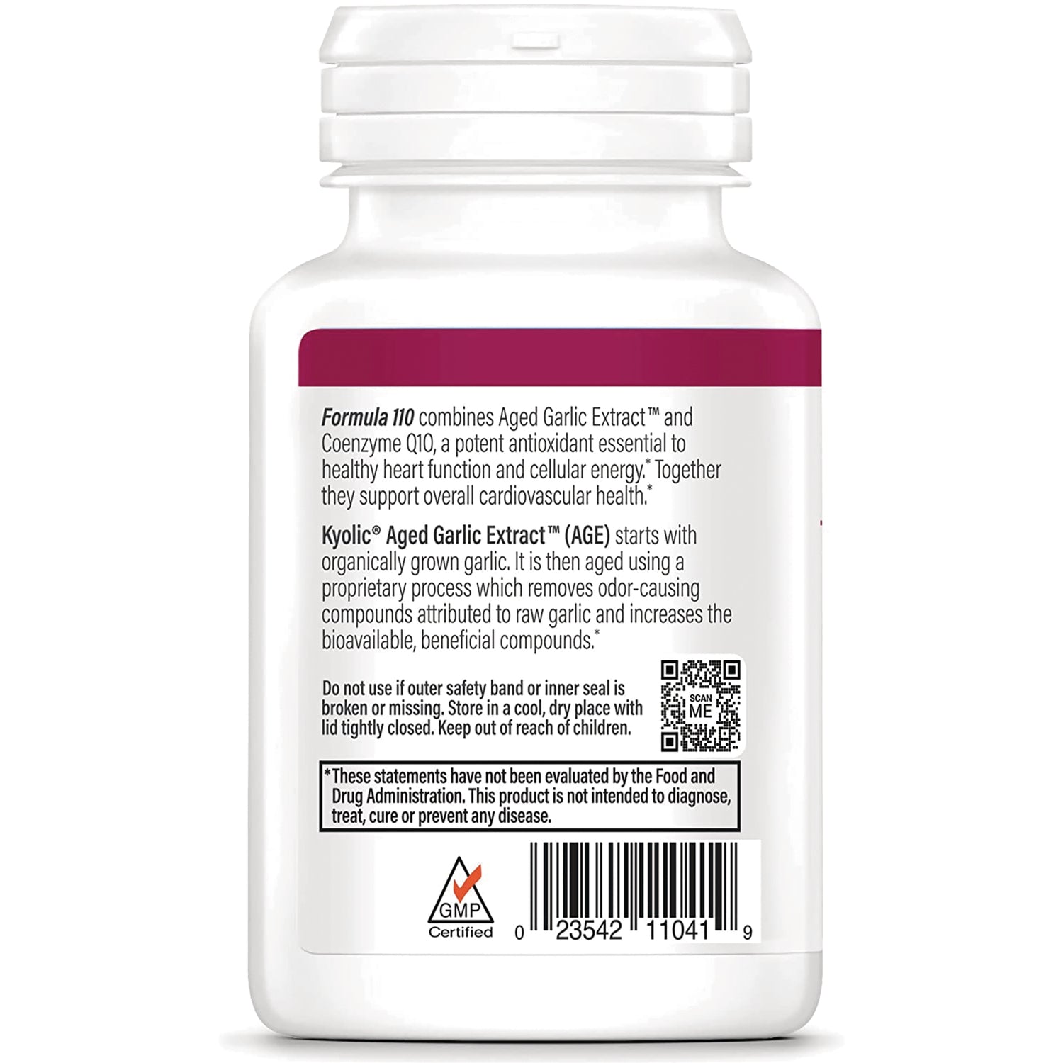 KY090 | back label of white supplement bottle showing product description, usage warnings, barcode and QR code