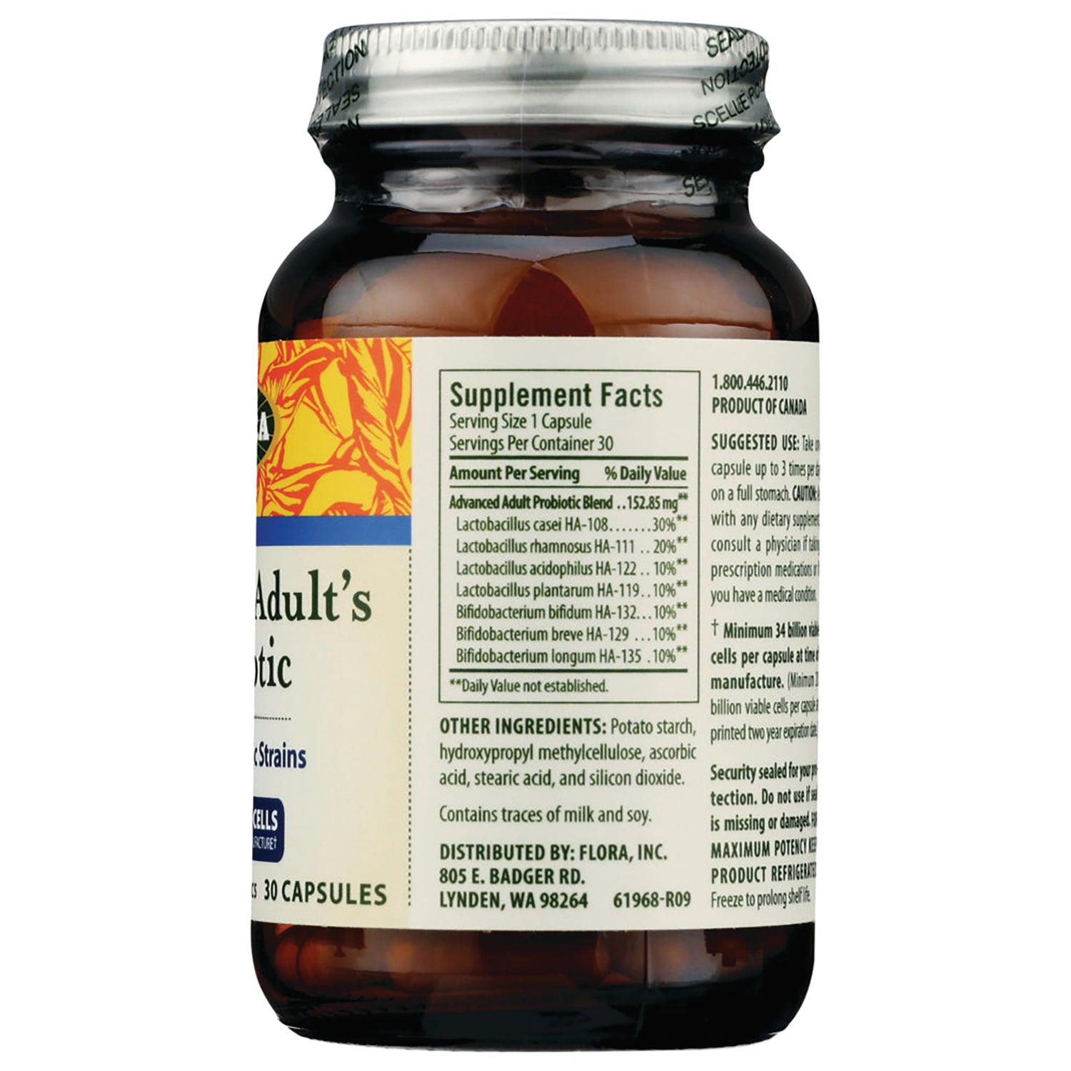 Supplement Facts and ingredient label on back of brown supplement bottle showing serving size and other ingredients