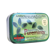 Small rectangular green tin of Puremints spearmint pastilles with mint leaf graphics and Meltzer's logo