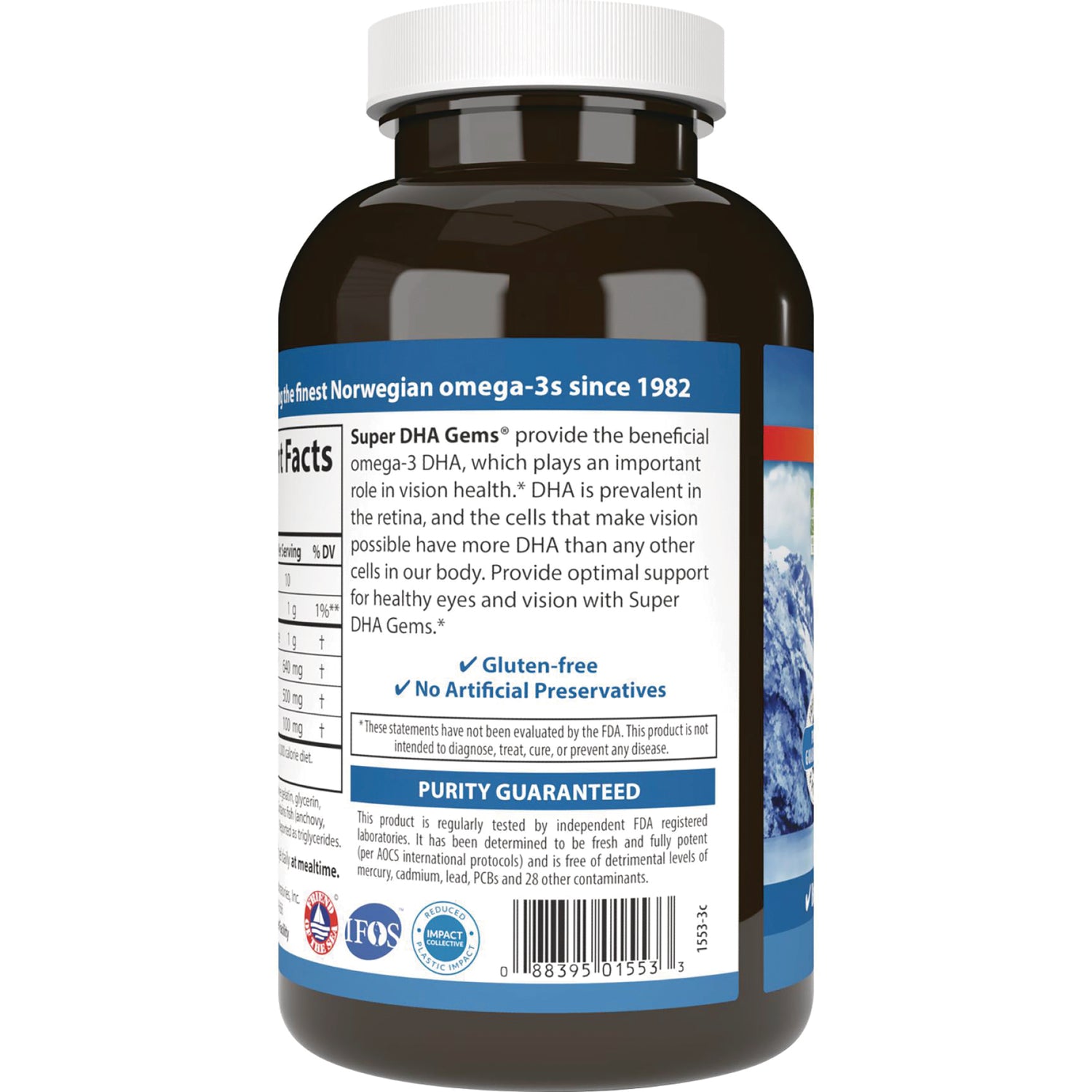 CSN272 | Back of brown supplement bottle showing supplement facts panel, gluten-free and Purity Guaranteed label and barcode