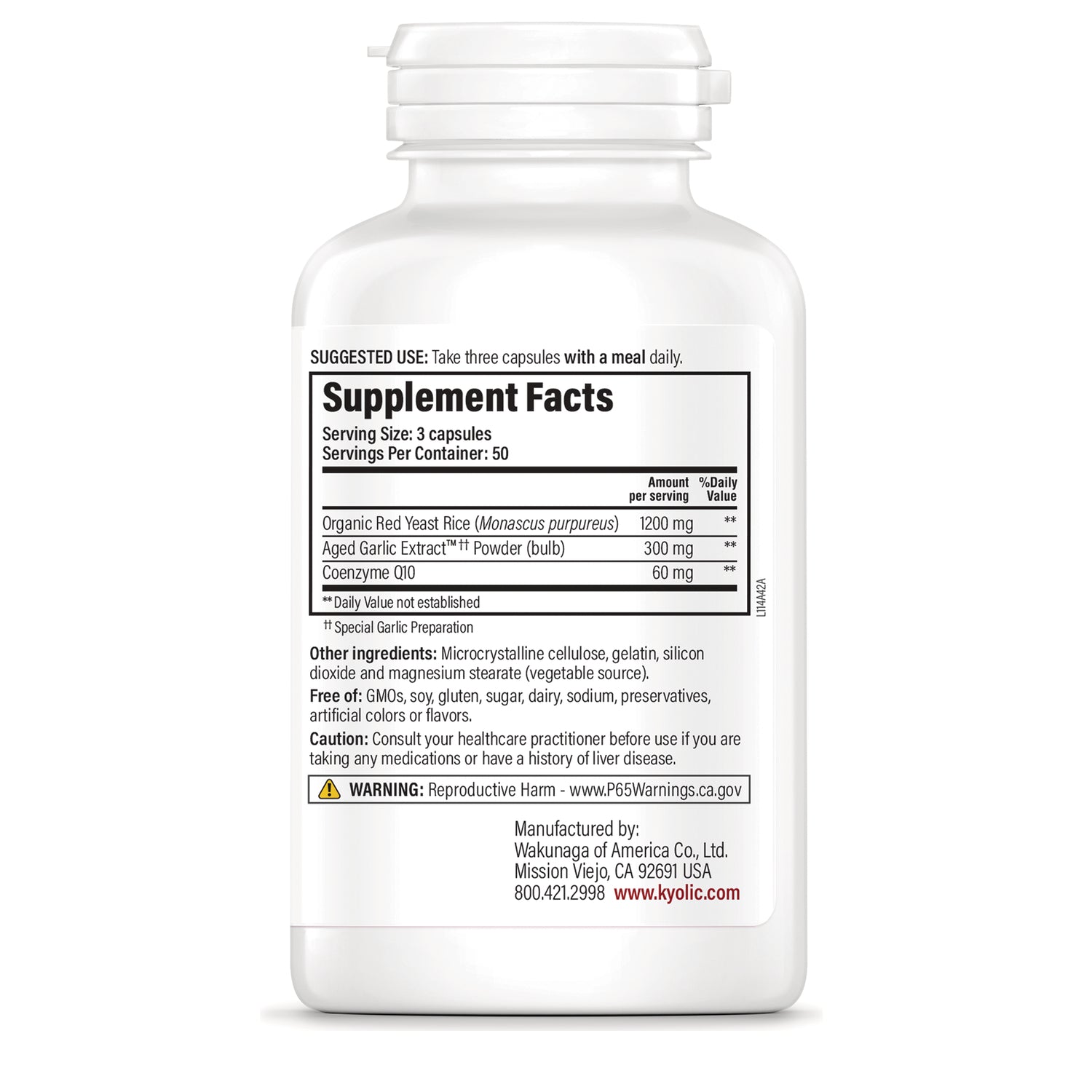 KY145 | Back of white supplement bottle showing Supplement Facts label, serving size 3 capsules and ingredient list
