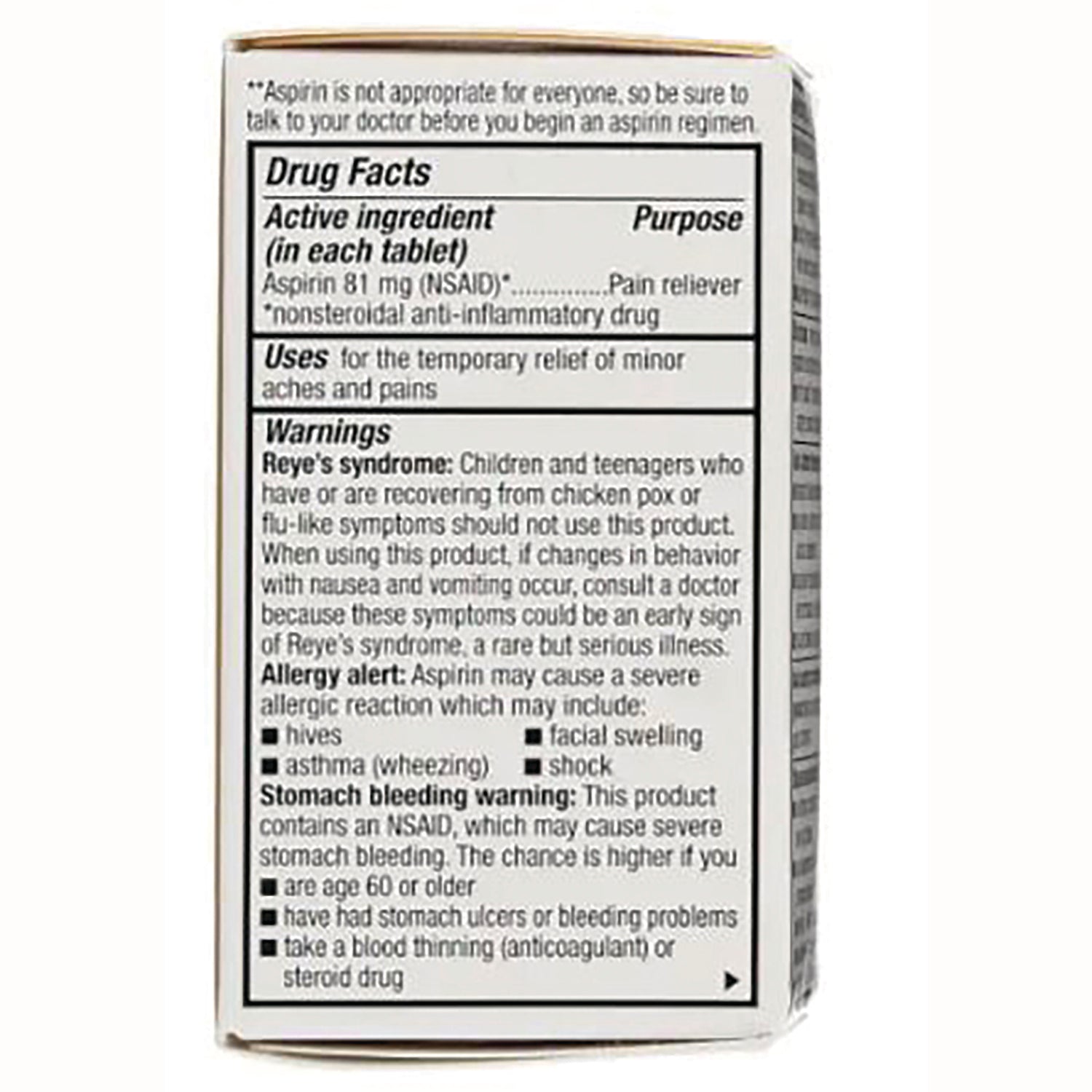 GDS015 | Back panel showing Drug Facts with Aspirin 81 mg active ingredient, uses and warnings