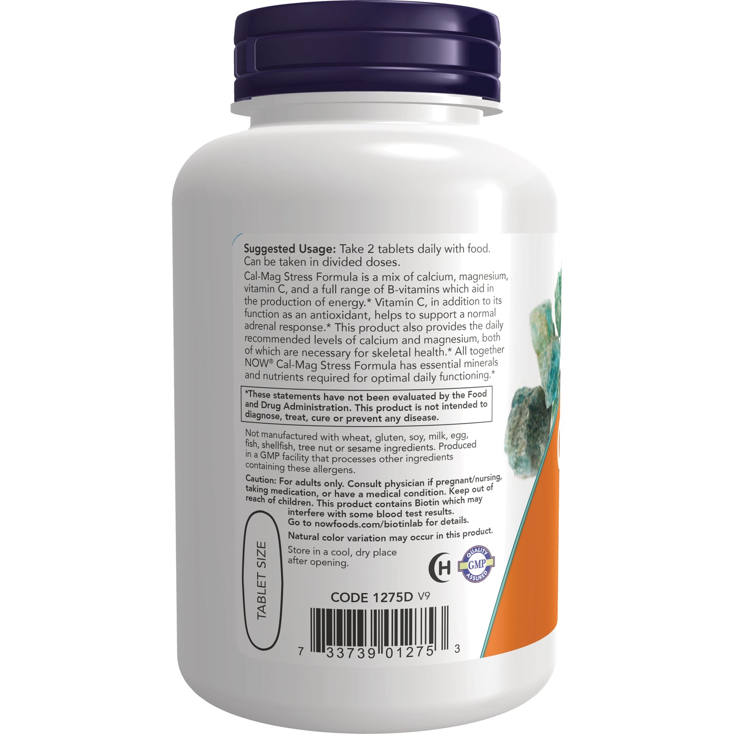 NWF595 | back label of white supplement bottle showing suggested usage, warnings, tablet size and barcode