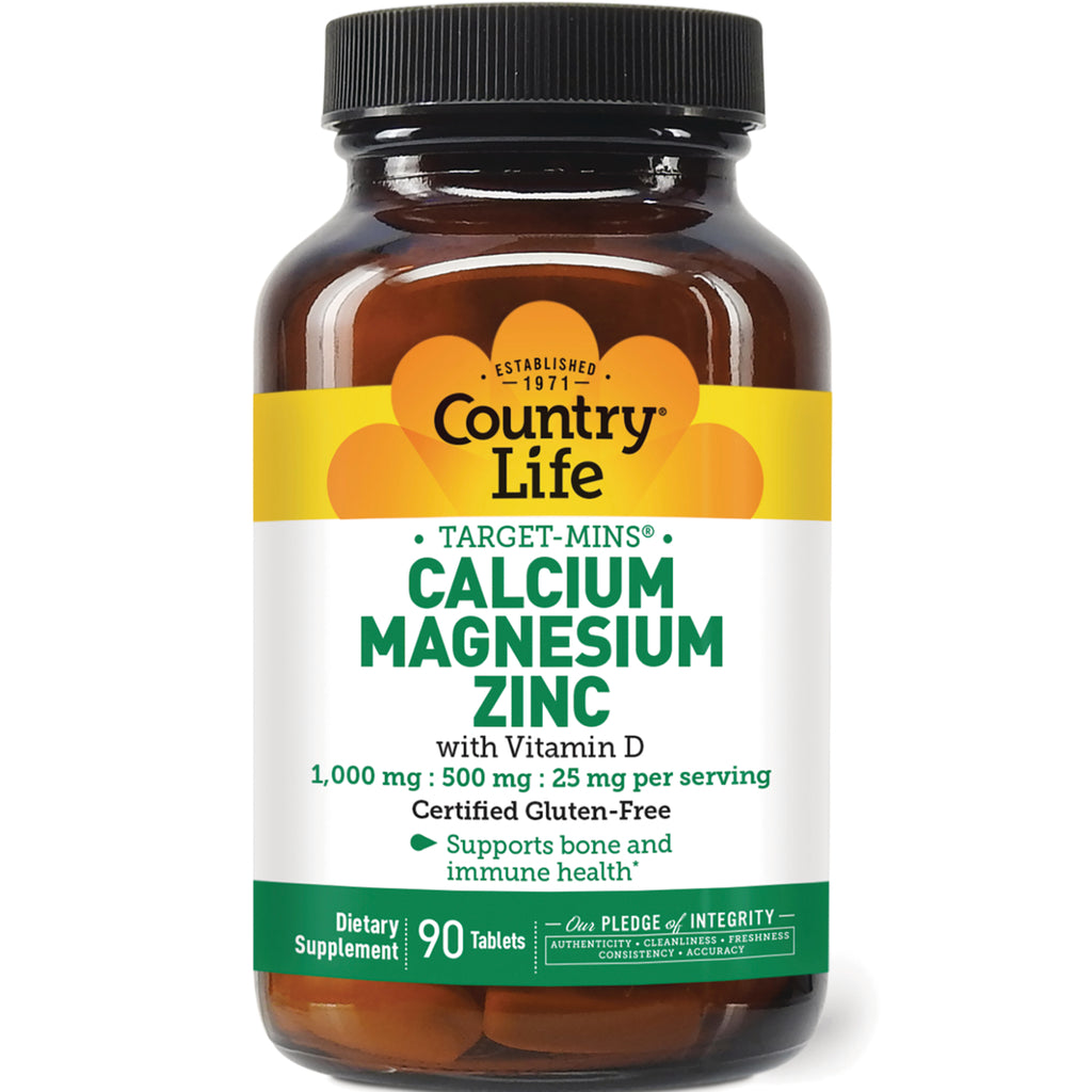 CRL577 | Amber supplement bottle labeled Country Life TARGET-MINS CALCIUM MAGNESIUM ZINC with Vitamin D, 90 tablets - Thumbnail