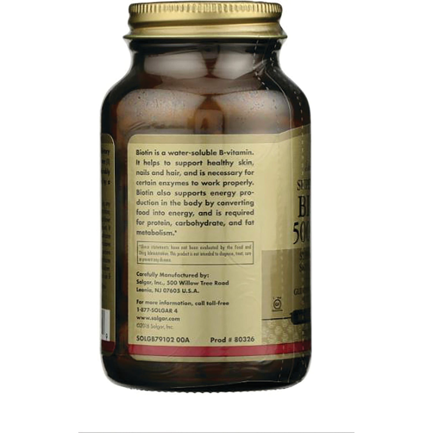 SLG261 | back label of brown glass supplement bottle showing biotin description, manufacturer details and product code