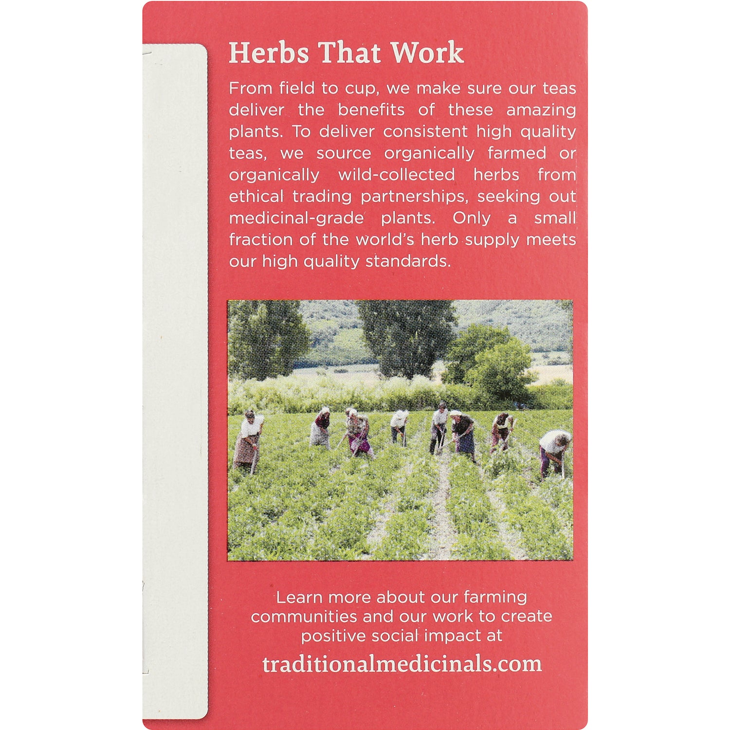 TMD033 | Herbs That Work panel with sourcing text, photo of herb farmers, traditionalmedicinals.com