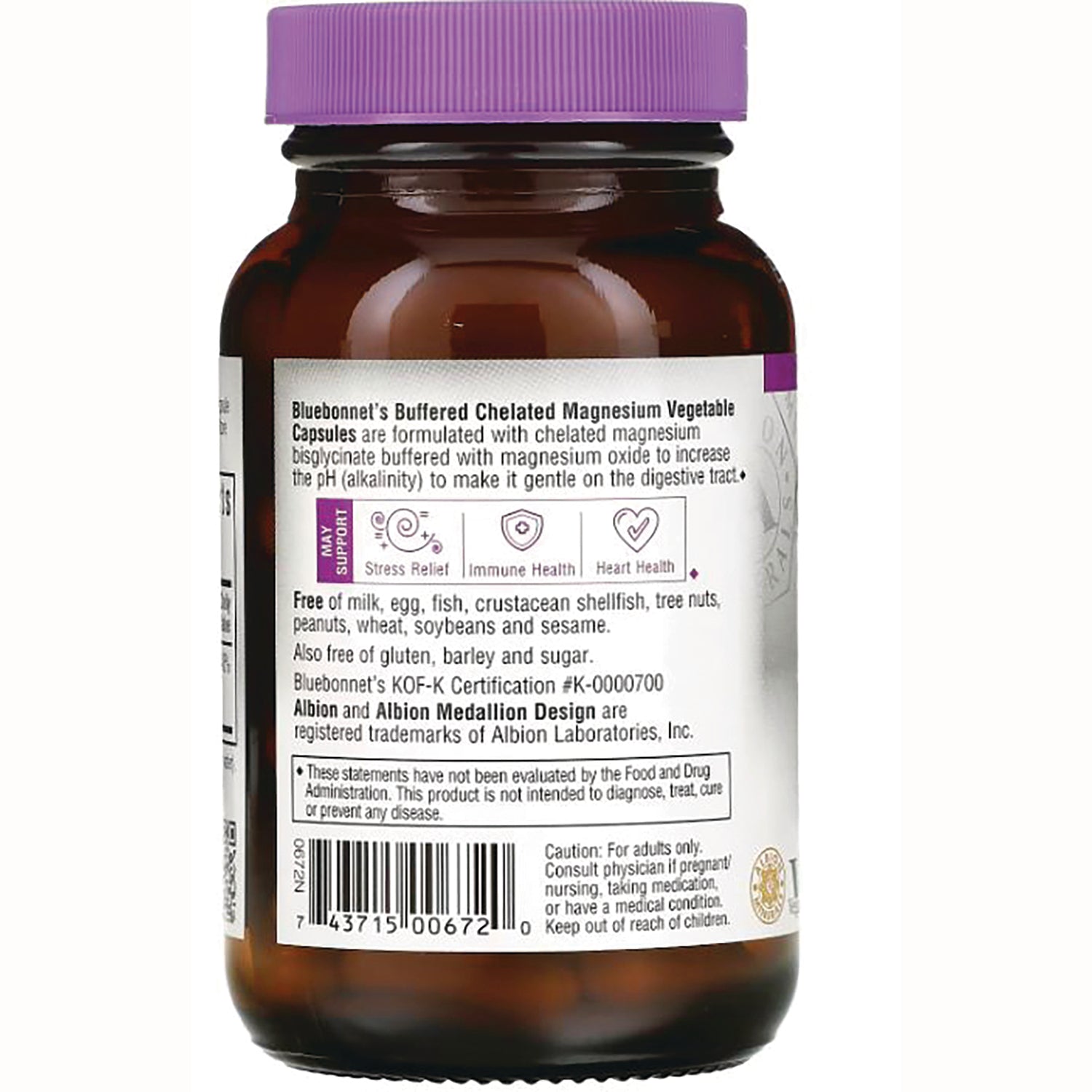 BLU059 | Back label of brown supplement bottle showing Buffered Chelated Magnesium capsule description, allergen information and barcode